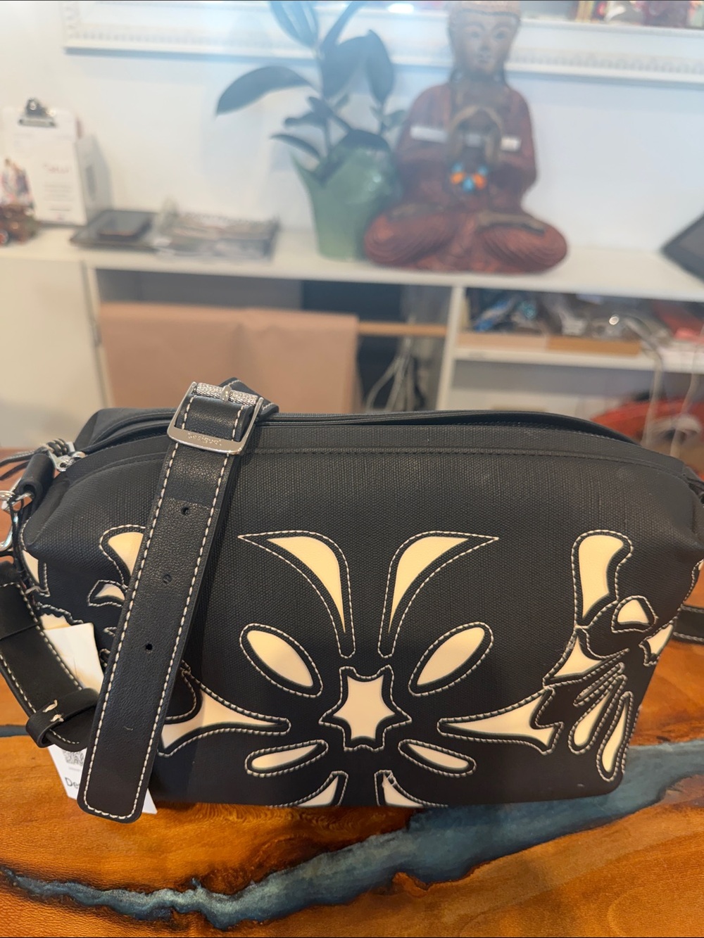 Desigual Black Crossbody Bag with Cream Floral Appliqué